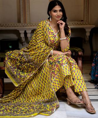 yellow cotton kurta set with printed work & dupatta 1