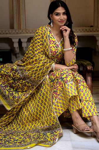 Yellow printed cotton kurta pant with dupatta