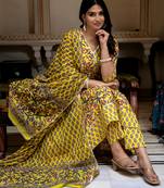 Yellow printed cotton kurta pant with dupatta