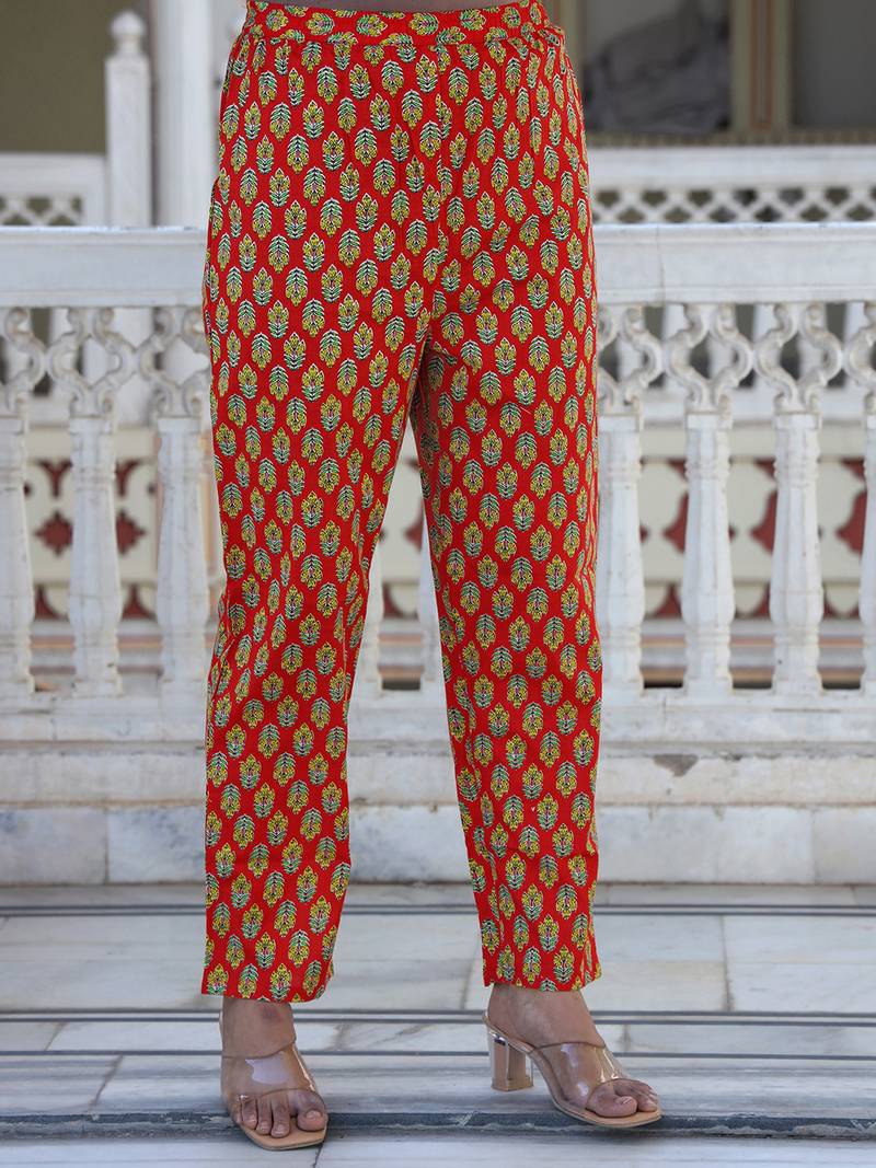 Red printed cotton kurta pant with dupatta