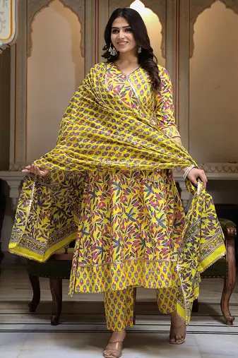 yellow cotton kurta set with printed work & dupatta