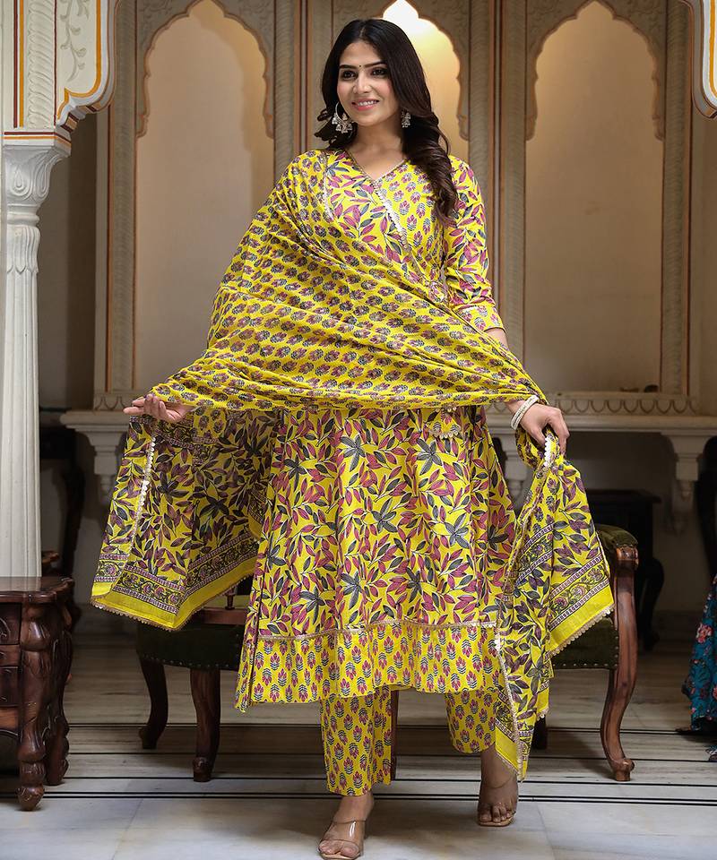 Yellow printed cotton kurta pant with dupatta