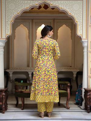 yellow cotton kurta set with printed work & dupatta 3