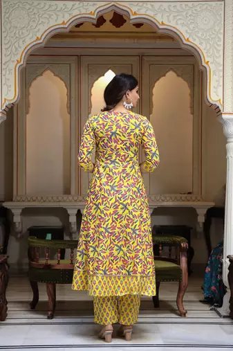 yellow cotton kurta set with printed work & dupatta