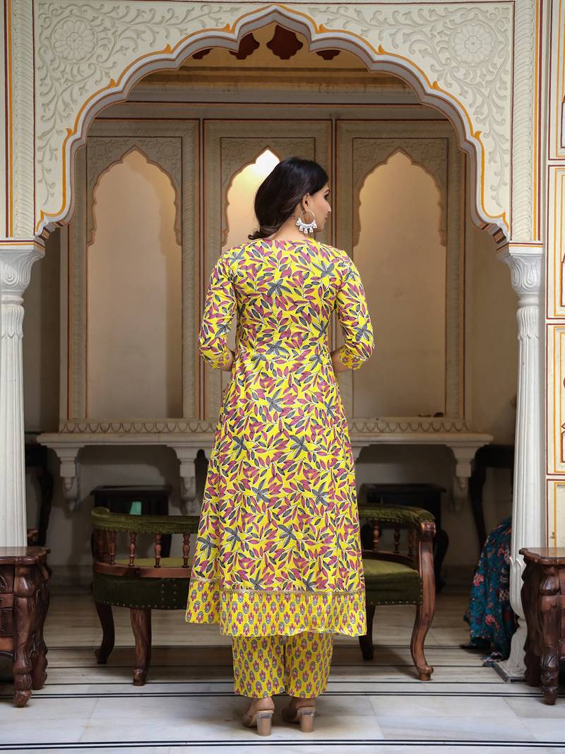 Yellow printed cotton kurta pant with dupatta