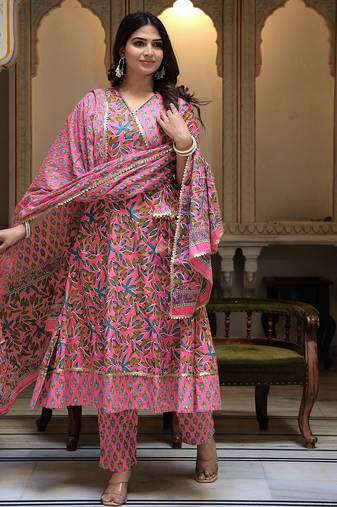 Pink printed cotton kurta pant with dupatta