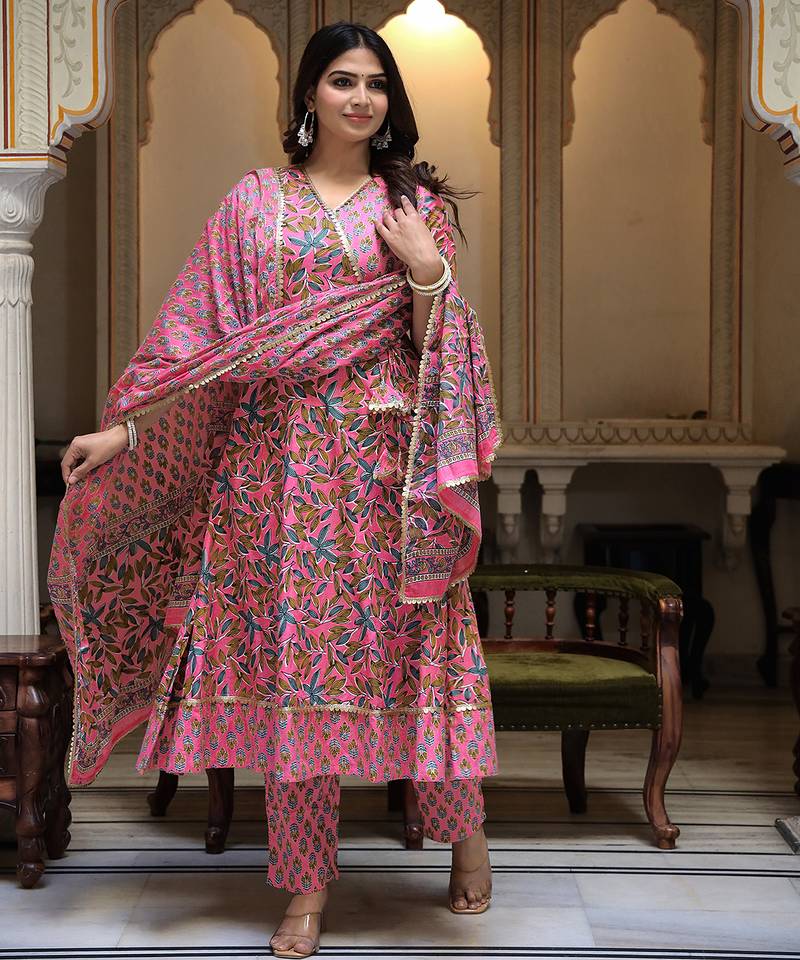 Pink printed cotton kurta pant with dupatta