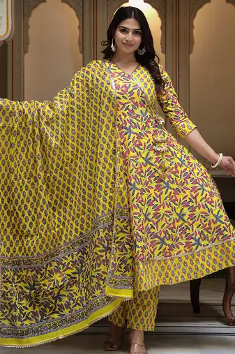 yellow cotton kurta set with printed work & dupatta