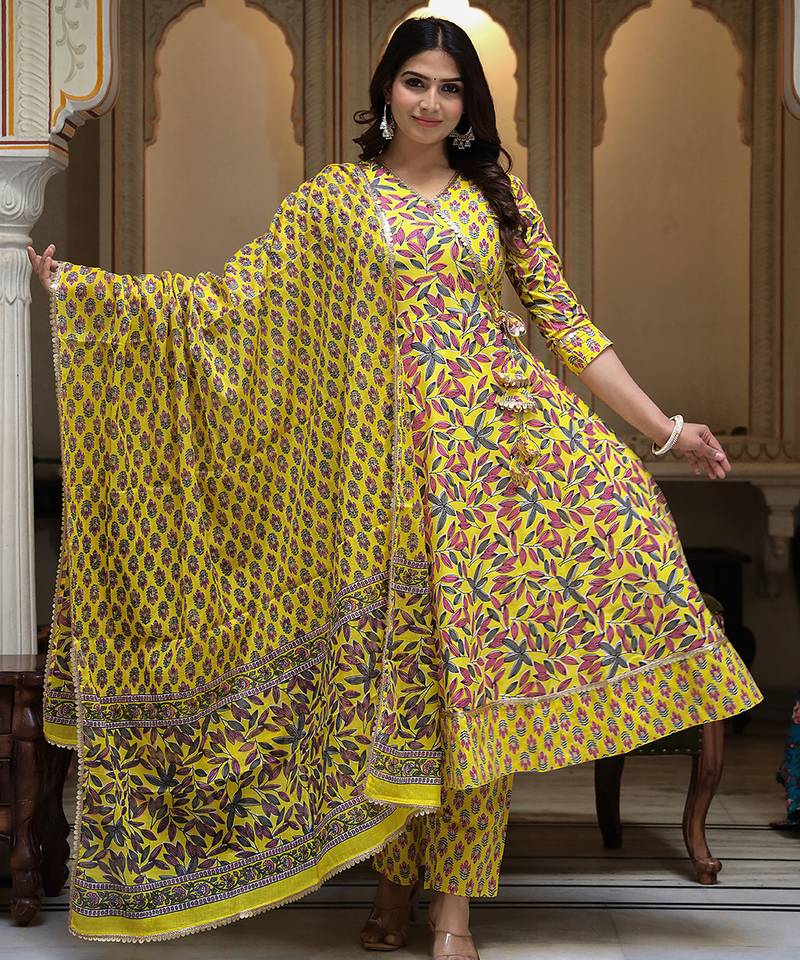 Yellow printed cotton kurta pant with dupatta