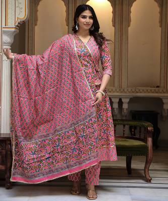 pink cotton kurta pant set with printed work 2