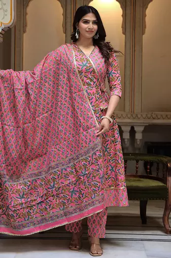 pink cotton kurta pant set with printed work