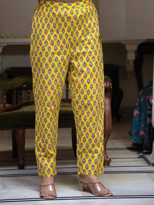 yellow cotton kurta set with printed work & dupatta 5