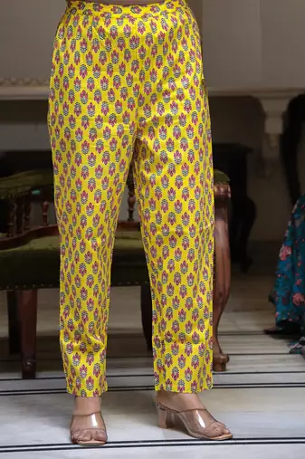 yellow cotton kurta set with printed work & dupatta