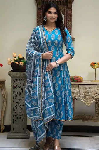 Sky-blue printed cotton kurta pant with dupatta