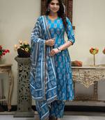 Sky-blue printed cotton kurta pant with dupatta