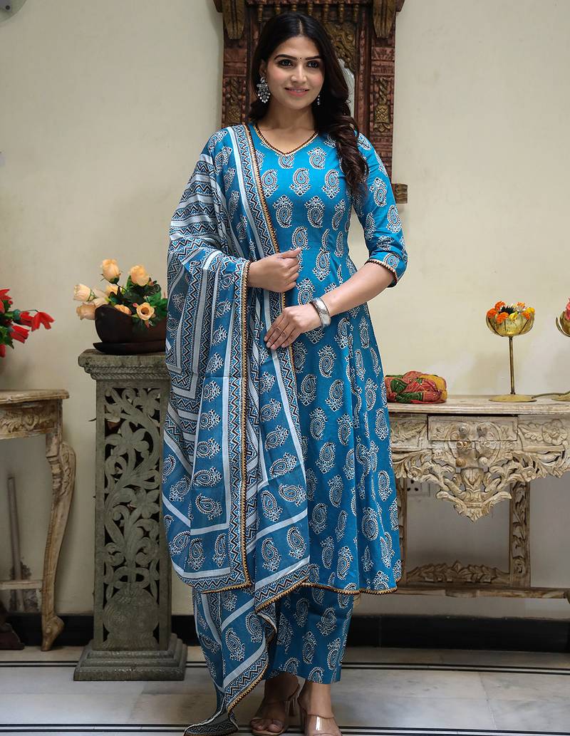 Sky-blue printed cotton kurta pant with dupatta