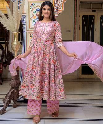 pink cotton kurta set with printed work & dupatta 1