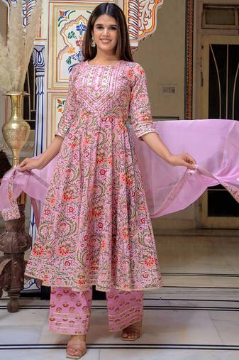 Pink printed cotton kurta pant with dupatta