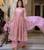 Pink printed cotton kurta pant with dupatta