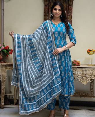 sky blue cotton kurta set with printed work 2
