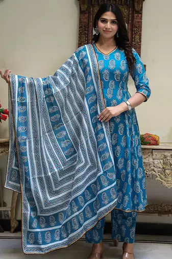 sky blue cotton kurta set with printed work