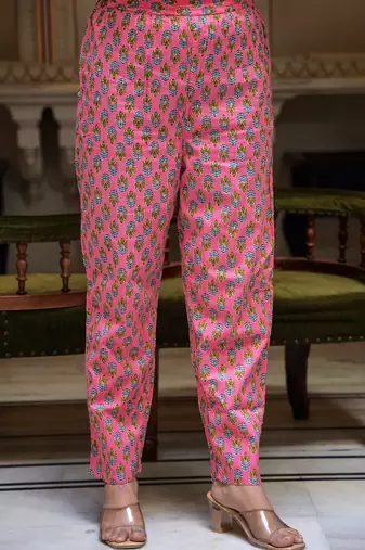 pink cotton kurta pant set with printed work