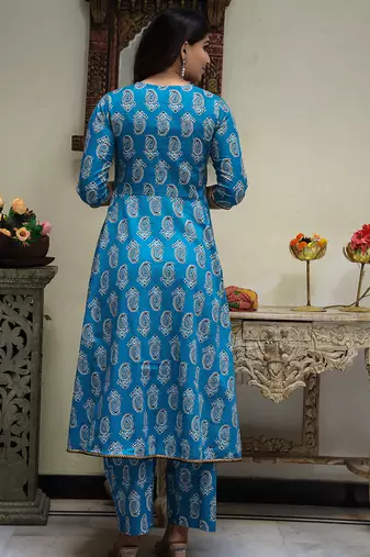 sky blue cotton kurta set with printed work