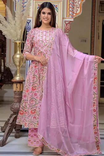 pink cotton kurta set with printed work & dupatta