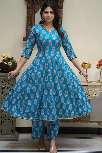 sky blue cotton kurta set with printed work