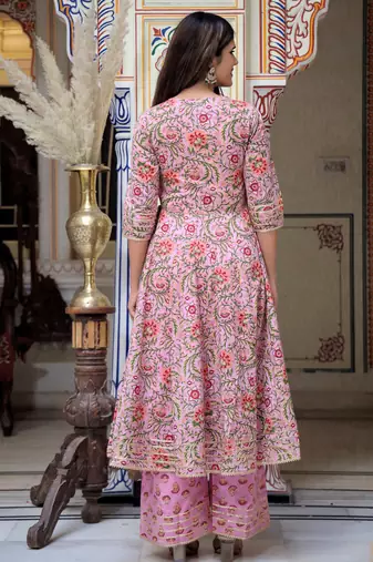 pink cotton kurta set with printed work & dupatta