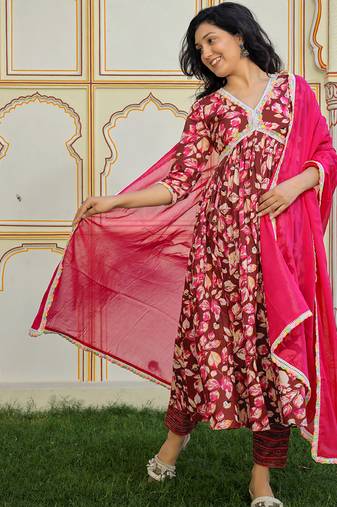 Maroon printed cotton kurta pant with dupatta