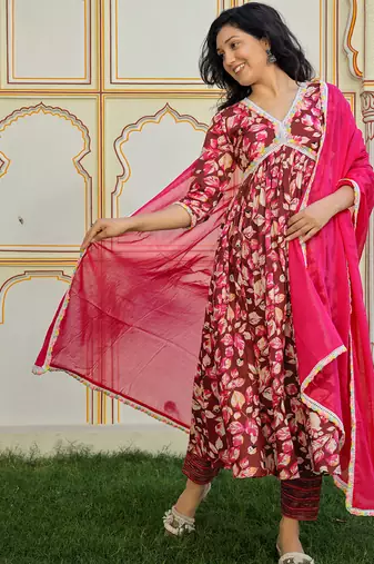 Maroon printed cotton kurta pant with dupatta