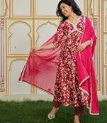 Maroon printed cotton kurta pant with dupatta