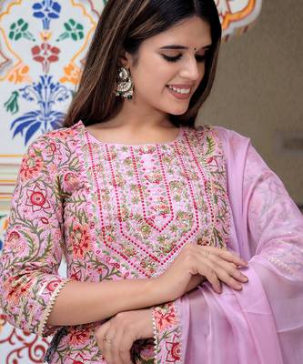 pink cotton kurta set with printed work & dupatta 4