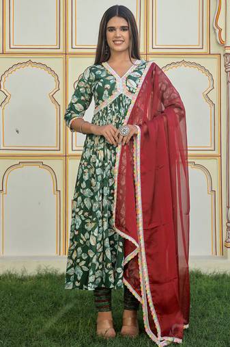 Green printed cotton kurta pant with dupatta