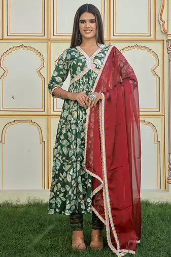 Green printed cotton kurta pant with dupatta