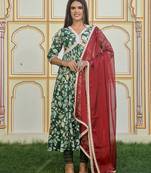 Green printed cotton kurta pant with dupatta