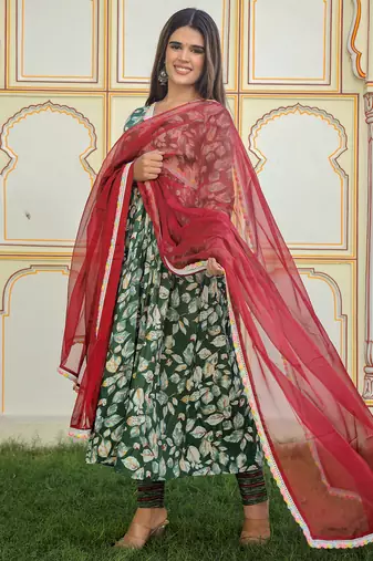 green cotton kurta pant set with printed dupatta