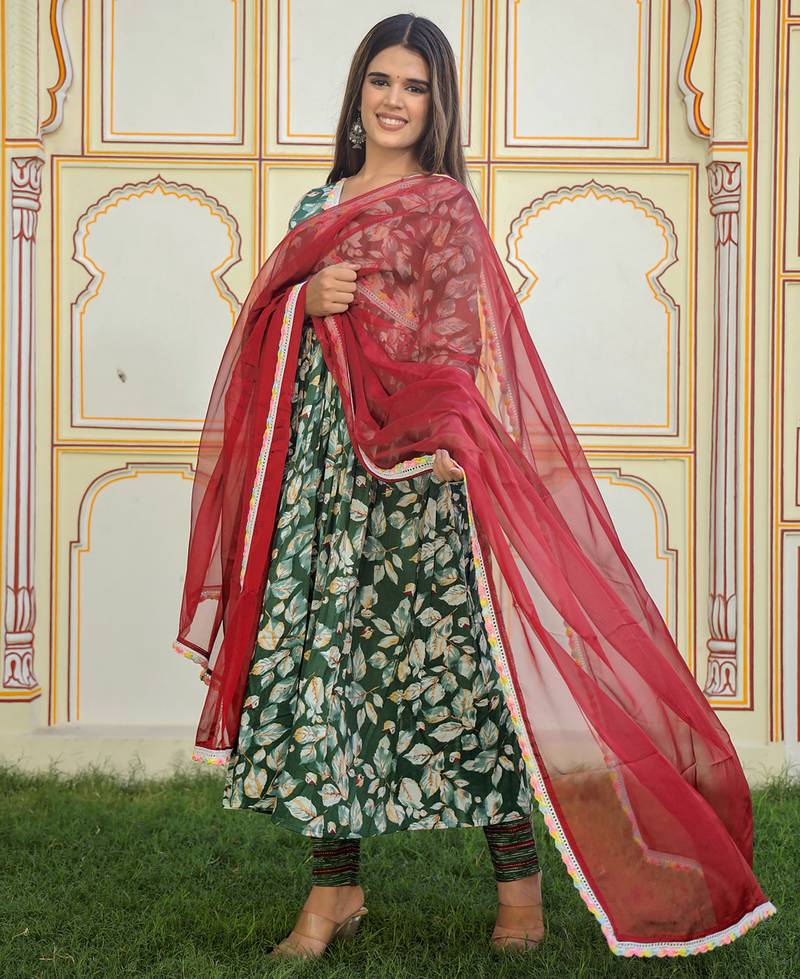 Green printed cotton kurta pant with dupatta