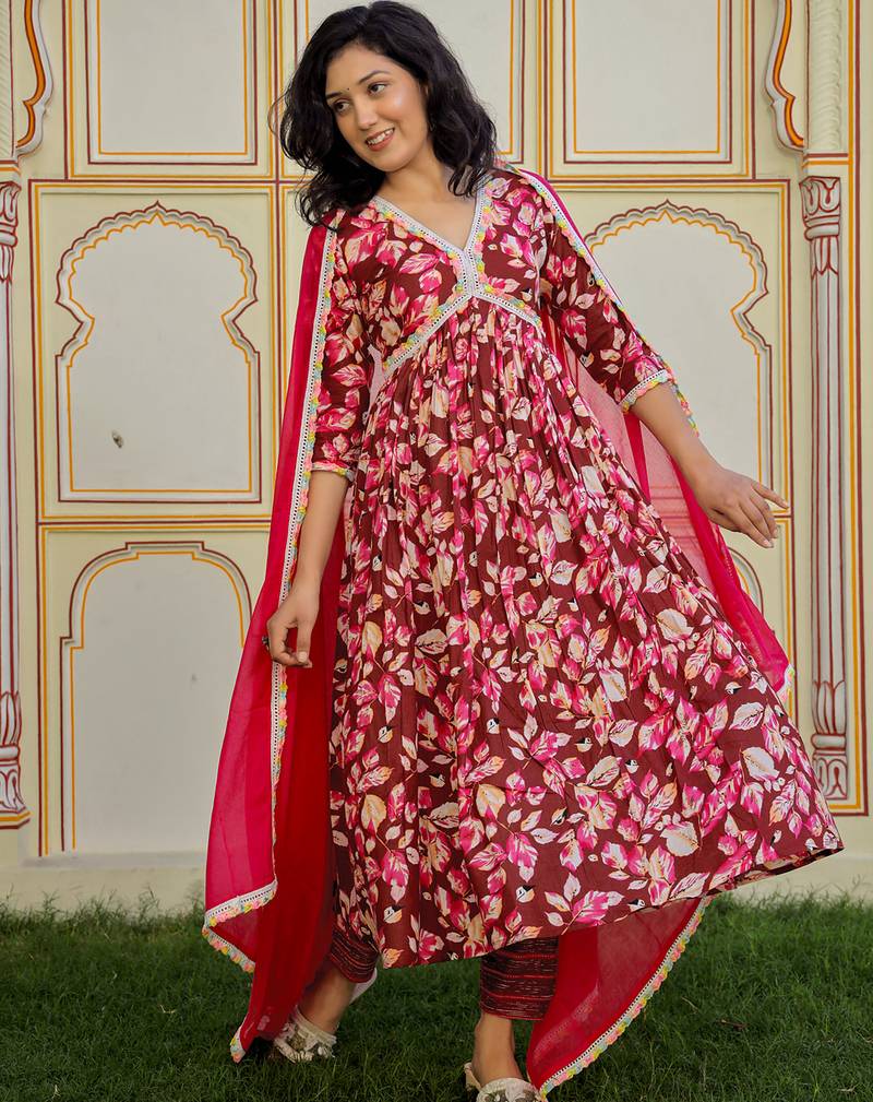 Maroon printed cotton kurta pant with dupatta