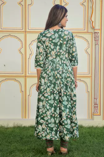 green cotton kurta pant set with printed dupatta