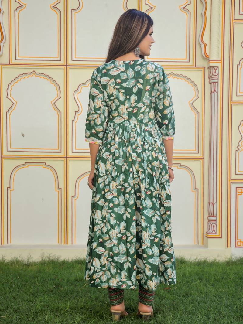 Green printed cotton kurta pant with dupatta