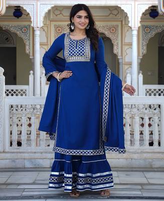 teal blue crepe kurta sharara set with embroidery 1