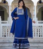Teal-blue embroidered crepe kurta pant with dupatta