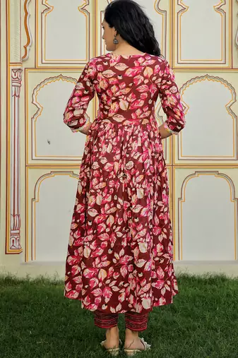 maroon cotton kurta set with printed work & dupatta