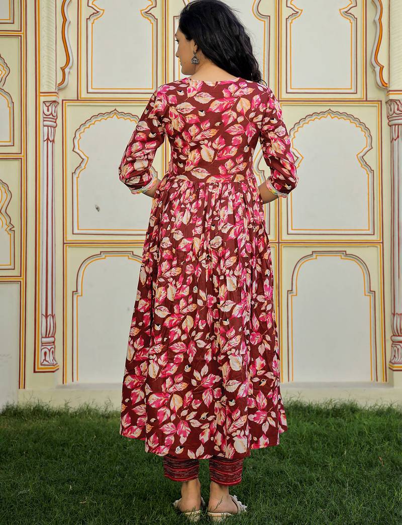 Maroon printed cotton kurta pant with dupatta