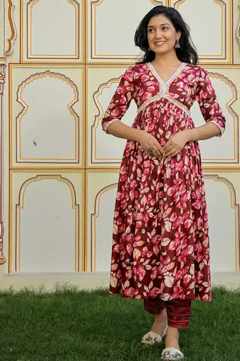 maroon cotton kurta set with printed work & dupatta
