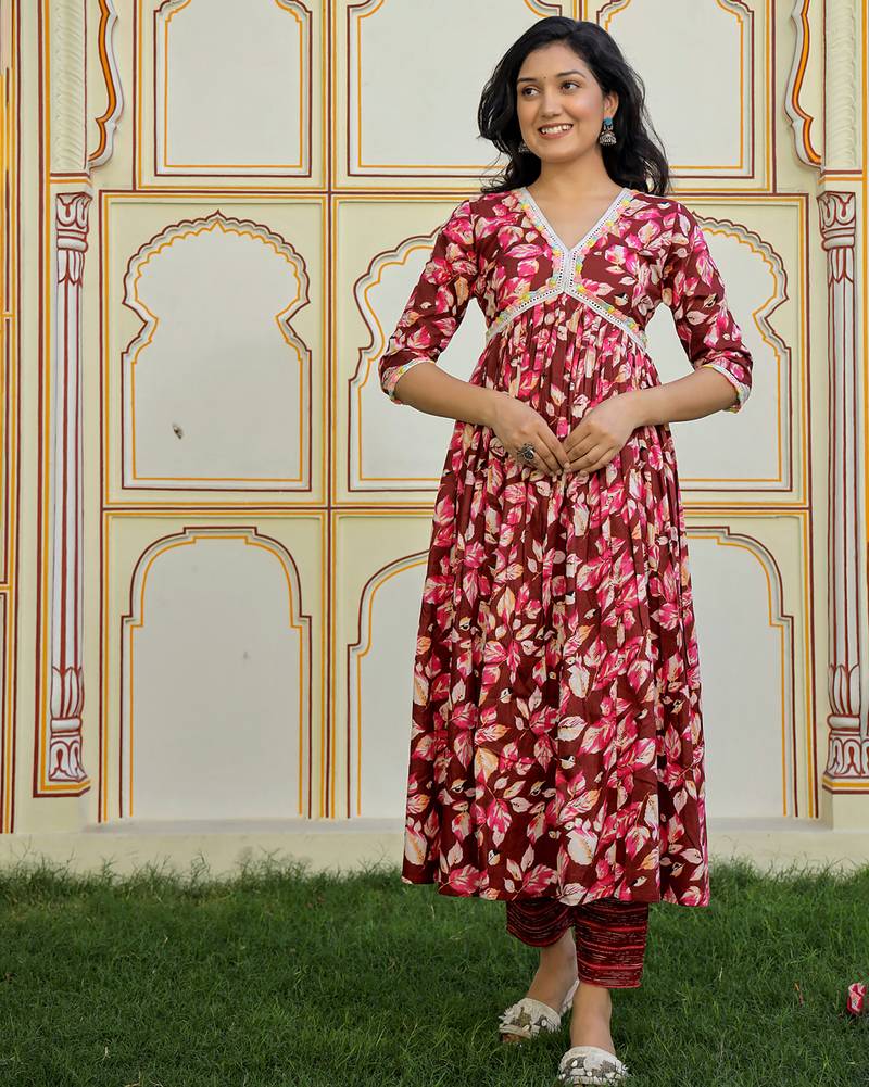 Maroon printed cotton kurta pant with dupatta