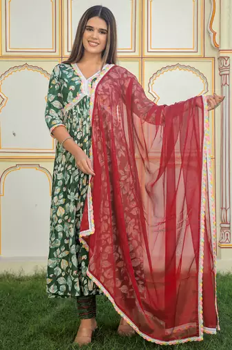 green cotton kurta pant set with printed dupatta