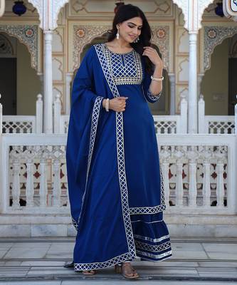 teal blue crepe kurta sharara set with embroidery 2